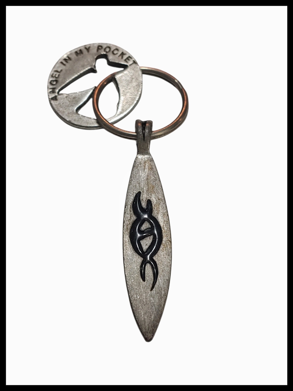 Men's Pewter Tribal Surfboard Pendant Keychain with Angel Charm